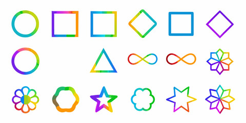 Fototapeta premium Colorful geometric shapes arranged in rows including circles squares and stars