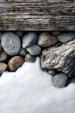 Weathered timber borders a collection of smooth river stones partially covered by fresh white snow