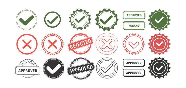 Approved and rejected stamps collection for official documents and business approvals checklist and confirmation symbols