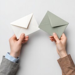 Two people exchanging letters in envelopes on a plain background