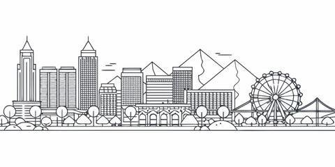 Fototapeta premium Line art cityscape featuring landmarks including pyramids and a ferris wheel