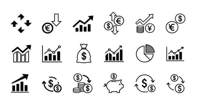 A collection of financial icons depicting growth currency exchange investment and economic trends in monochrome style