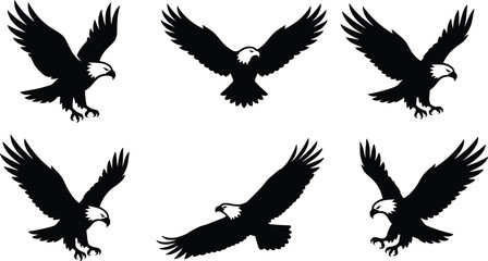 Obraz premium Bald eagle silhouette icon set, flying and swooping poses, patriotic bird sketch grid - flat vector illustration