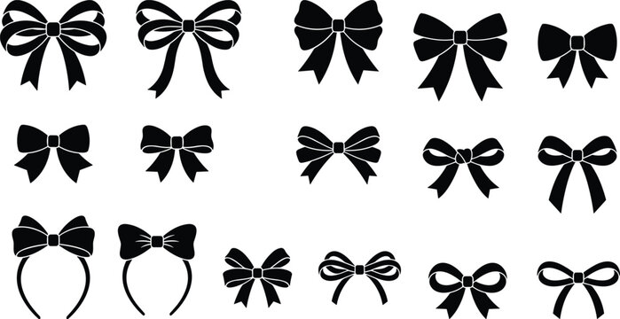 Bow silhouette icon set, ribbon styles, headband accessories, decorative shapes, fashion sketch grid - flat vector illustration