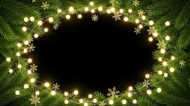 Christmas wreath with lights and snowflakes on a black background for holiday decoration