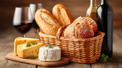 A wicker food gift basket with gourmet items