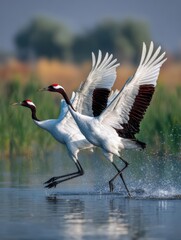 Obraz premium A pair of beautiful cranes takes flight over a serene water surface. Their elegant movements reflect grace and freedom in nature. A stunning representation of wildlife and harmony. AI