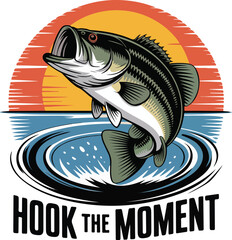 Bass fish jumping out of water at sunset Keywords: fishing, bass, fish, jumping, leaping, vector