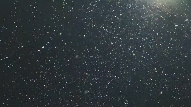 Closeup Snowflakes Against Bright Light Source At Night, Detailed Crystalline Flakes And Soft Bokeh Creating Delicate Patterns And Shimmering Halos, Ethereal Cold Atmosphere With Subtle.