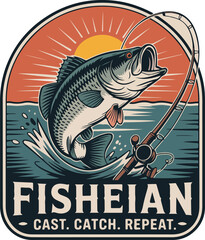 Bass Fish Jumping From Water With Fishing Rod And Sunset vector