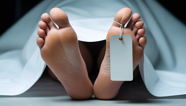 Dead Body Feet White Sheet Blank Toe Tag Forensic Close-up