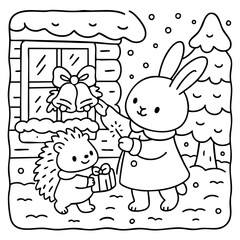 A cheerful rabbit and hedgehog celebrate the winter season, with festive decorations and a gift in a snowy landscape.