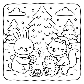 A joyful winter scene featuring a bunny, a hedgehog, and a squirrel sharing cookies in a snowy landscape with a Christmas tree.