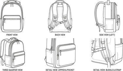 Technical Backpack Illustration Featuring Front, Back, Side, Three-Quarter, and Detail Views for Product Design and Manufacturing Reference © Vex flow