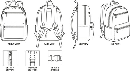 Technical Backpack Illustration Featuring Front, Back, Side, 3/4 Views and Detail Panels of Zipper and Buckle for Product Design Use © Vex flow