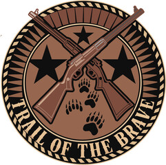 Crossed rifles and paw prints with text Trail of the Brave vector