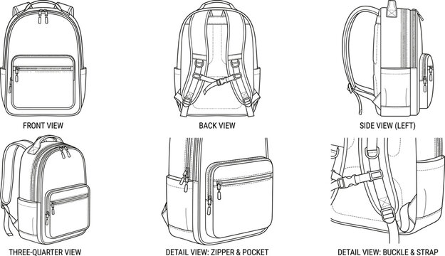 Technical Backpack Illustration Featuring Front, Back, Side, Three-Quarter, and Detail Views for Product Design and Manufacturing Reference