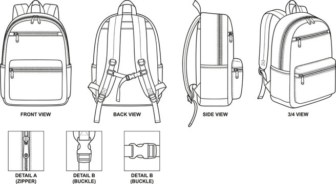 Technical Backpack Illustration Featuring Front, Back, Side, 3/4 Views and Detail Panels of Zipper and Buckle for Product Design Use