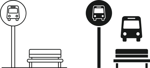 Bus stop icon set featuring outline and silhouette styles with bench, signage, and transportation symbols for urban design use