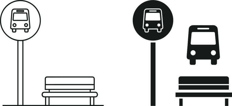Bus stop icon set featuring outline and silhouette styles with bench, signage, and transportation symbols for urban design use