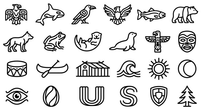 Collection of various black and white line art illustrations depicting indigenous cultural symbols.