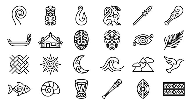 A collection of traditional Māori cultural symbols and icons from New Zealand, depicted in a clean, black and white line art style.