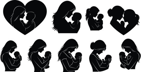 Obraz premium Mother and baby silhouette icon set showing love, care, and bonding moments for family design, flat vector illustration