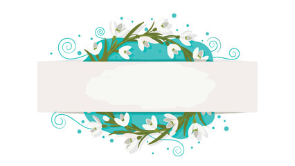 Elegant blue banner adorned with delicate white snowdrops and green foliage, featuring a blank white space for text, ideal for invitations and announcements.