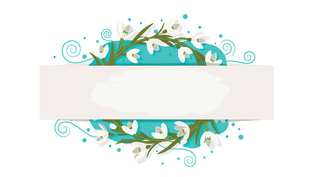 Elegant blue banner adorned with delicate white snowdrops and green foliage, featuring a blank white space for text, ideal for invitations and announcements.