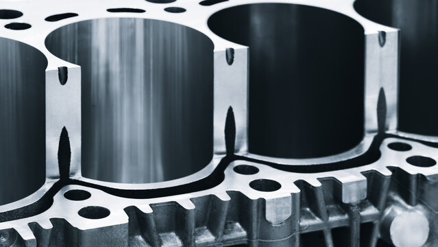 cylinder block of diesel engine repair close-up.  cylinder block in blue tone.  Car engine cylinder heads. Industry car service concept