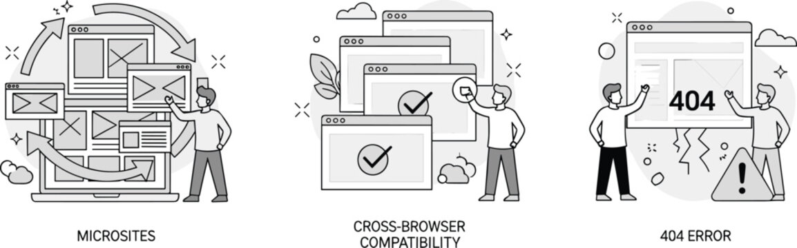 Web Development Concept Illustration Featuring Microsites, Cross-Browser Compatibility, and 404 Error with Characters and Browser Windows