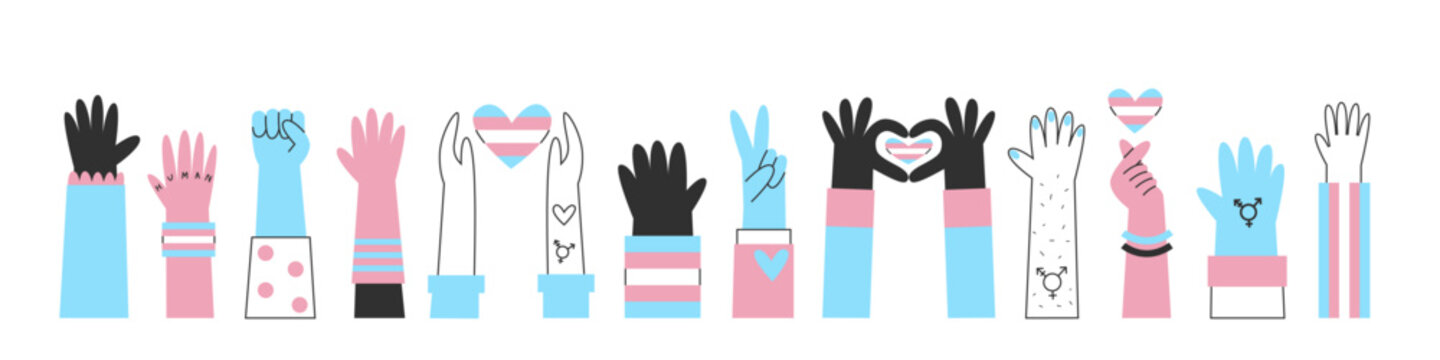 Transgender hands banner, awareness and visibility. Cisgender and genderqueer silhouettes with trans flag colors and symbols. Diversity concept.