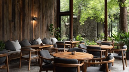 Fototapeta premium Interior dining area featuring natural wood textures and views of lush outdoor greenery.