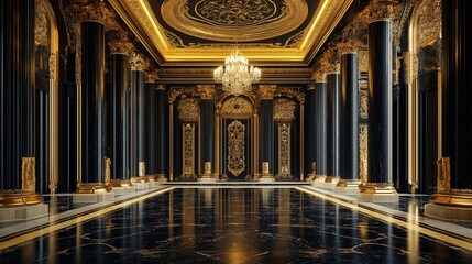 Naklejka premium Elegant black palace hall with golden details and marble flooring