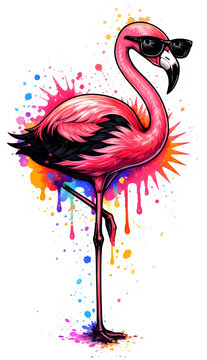 Moderne digitale Illustration eines Flamingos mit Sonnenbrille in lebendigem Graffiti-Stil. Die farbintensive Darstellung mit dynamischen Farbspritzern und tropfenden Farbeffekten verbindet Tiermotiv 