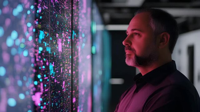 IT Specialist Analyzing Big Data Visualization on Digital Screen in Modern Tech Lab