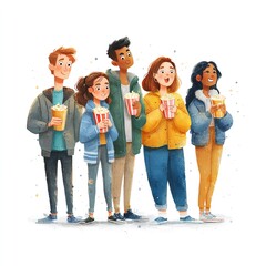 A diverse group of young adults enjoying snacks and each other's company at the cinema