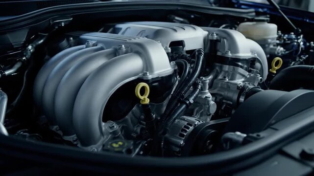 Close-up view of a V12 engine in a car, highlighting intake manifolds and cylinder banks