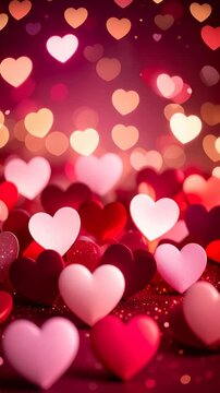 Romantic hearts background with red, pink, white, burgundy hues and bokeh lights for Valentine's Day and special occasions, love concept.