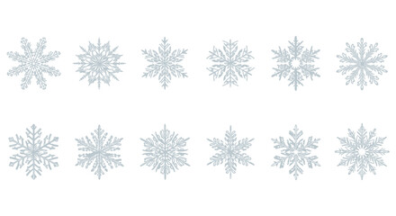 Fototapeta premium a collection of delicate light blue snowflakes arranged in a symmetrical pattern across a white background