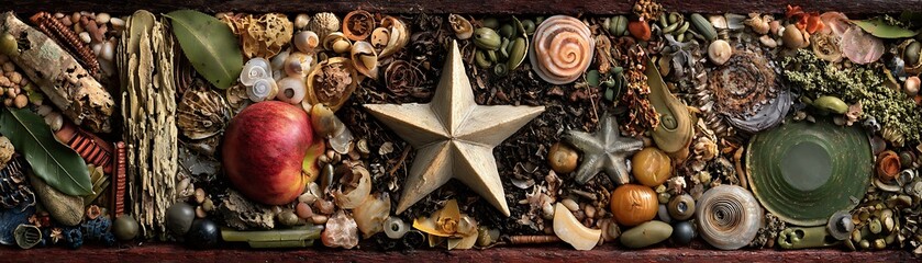 Rustic arrangement of natural elements and decorative objects in a shallow container