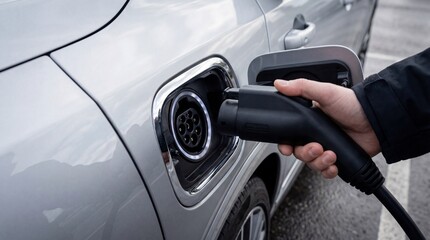 Fototapeta premium Hand charging electric car with modern charging cable outdoors