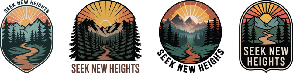 Mountain landscape logos with text Seek New Heights Keywords: mountains, landscape, vector