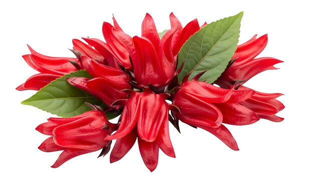 Fresh roselle hibiscus flower petals and leaves close up for tea and jam making vibrant red color, isolated on white or transparent background. PNG