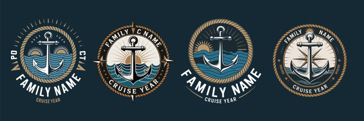 Nautical emblems with anchors, waves, and compass rose vector