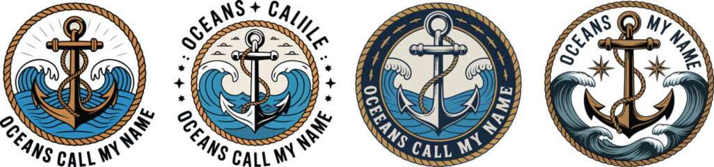 Nautical emblems with anchors and waves ocean vector