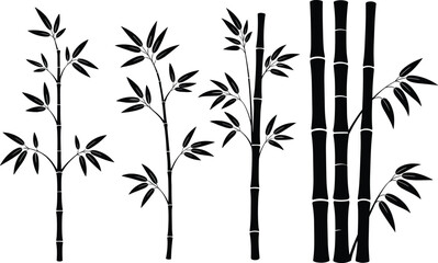 Obraz premium Bamboo plant silhouette collection featuring stems and leaves, minimalist Asian nature illustration set isolated on white background
