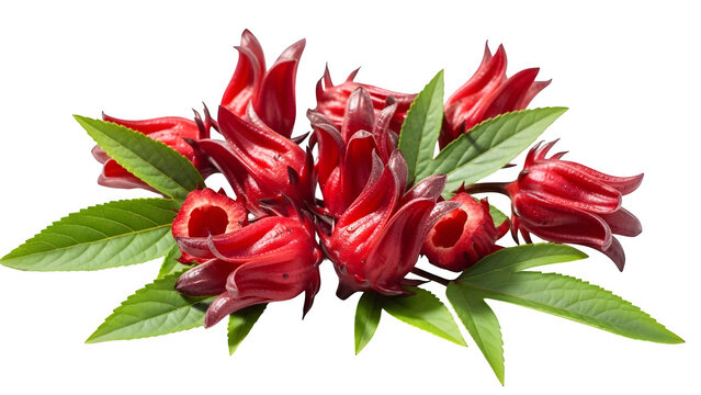 Fresh roselle hibiscus flower petals and leaves close up for tea and jam making vibrant red color, isolated on white or transparent background. PNG