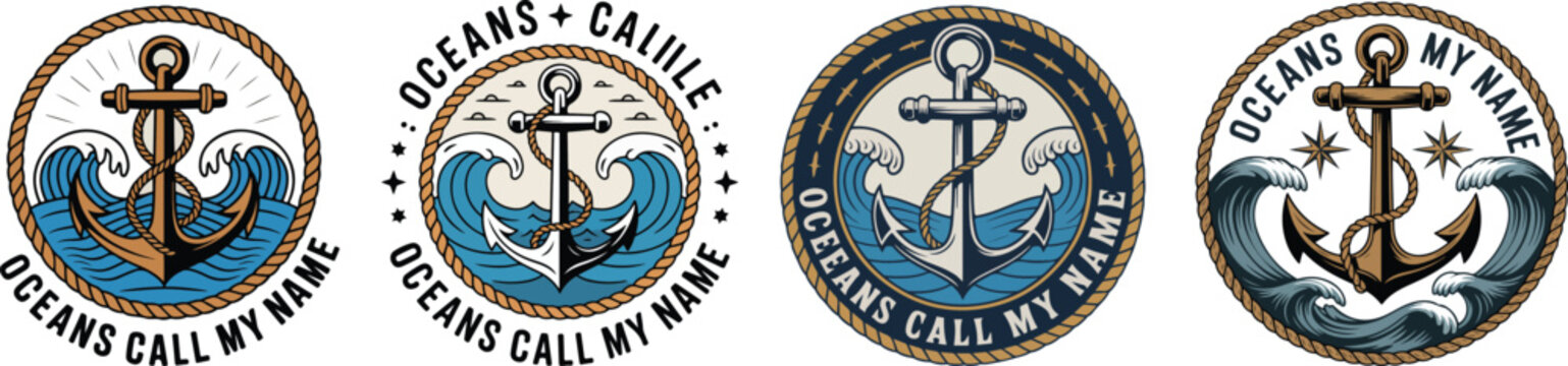 Nautical emblems with anchors and waves ocean vector