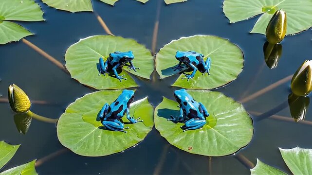 Vibrant blue poison dart frogs perch on lush lily pads in a tranquil pond showcasing nature s beauty and biodiversity with striking color contrast